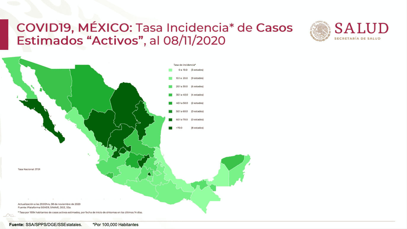 Ciudad de México, Nuevo León, Coahuila, Durango, Zacatecas, Aguascalientes, Baja California Sur y Querétaro son los estados con mayor incidencia de contagios nuevos de COVID-19. Foto: Especial