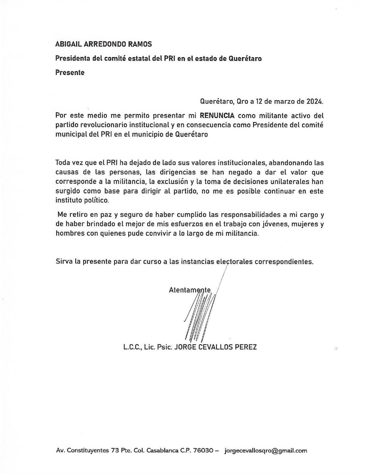 Carta de renuncia de Jorge Cevallos Pérez a la dirigencia municipal del PRI en Querétaro