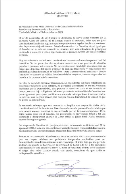 Ministro Gutiérrez Ortiz Mena renuncia ante reforma constitucional