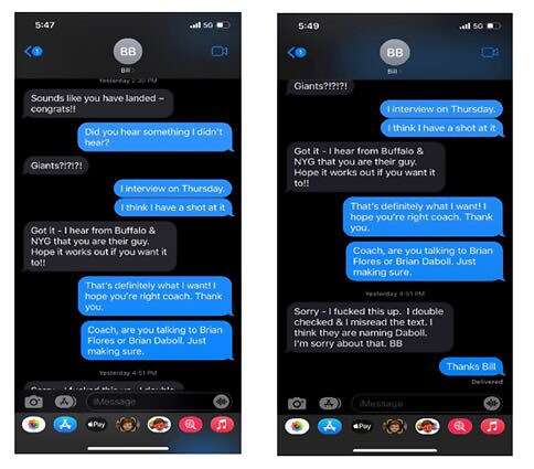 La conversación entre Belichick y Flores tuvo lugar tres días antes que los Giants entrevistaran al exentrenador en jefe de Miami