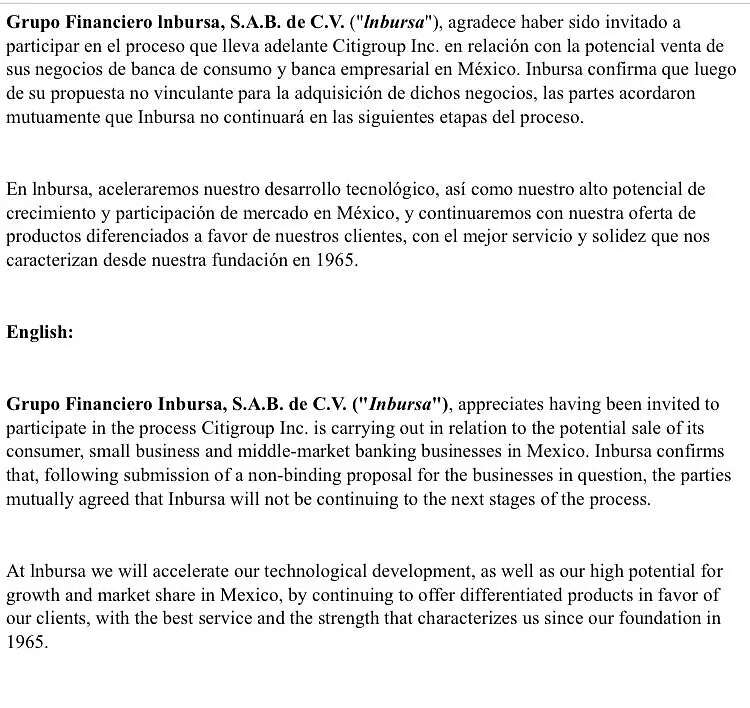 En un comunicado, el grupo financiero agradeció la invitación para participar en esta compra