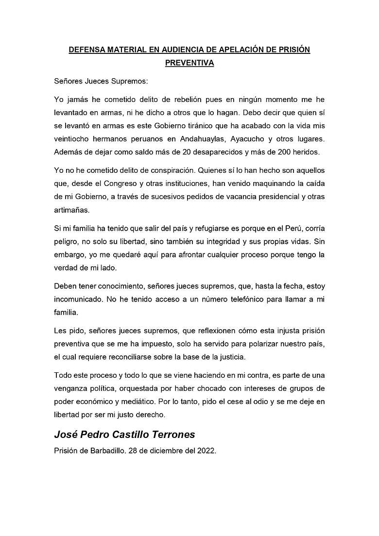 Pedro Castillo escribió su carta desde la prisión de Barbadillo