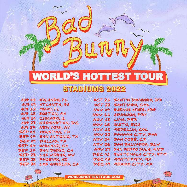 Bad Bunny arrancará su nueva gira por América Latina el 21 de octubre en el estadio Olímpico Félix Sánchez de Santo Domingo y concluirá el 9 de diciembre en el Estadio Azteca