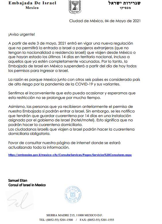 La embajada de Israel en México suspendió todos los permisos de entrada al país de Oriente Próximo. Foto: Especial