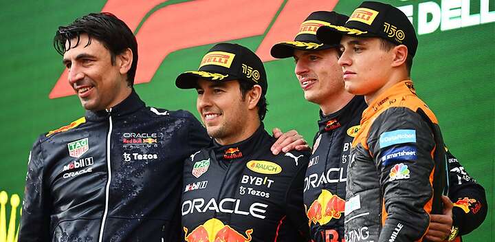 Max Verstappen, "Checo" y Lando Norris subieron al podio en el circuito de Ímola. Foto: Especial