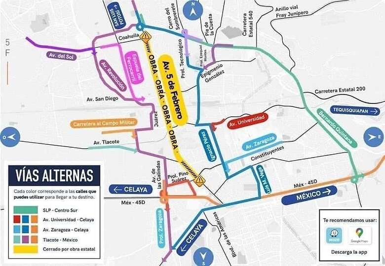 Mapa de rutas alternas por obras públicas en avenida 5 de Febrero. Foto: Especial