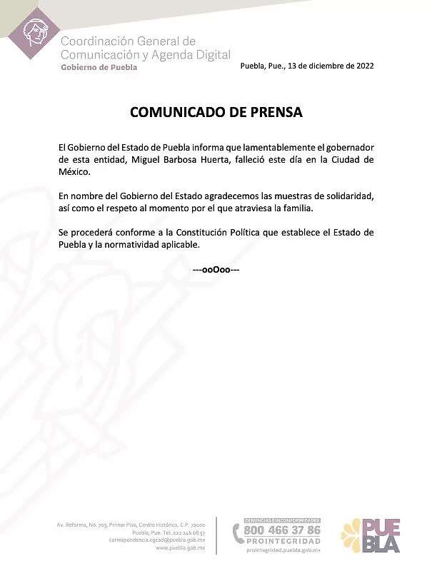 A las 16:00 horas, el Gobierno de Puebla detalló que Barbosa Huerta murió en la Ciudad de México
