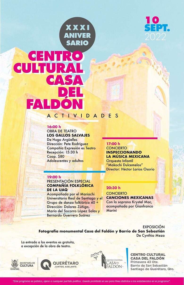 La Secretaría de Cultura invita a las y los queretanos a participar en las actividades artísticas con motivo del XXXI aniversario del Centro Cultural Casa del Faldón