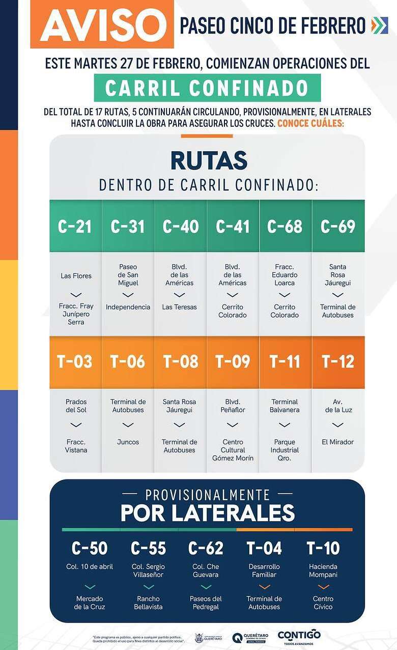 Anuncian apertura del carril confinado en Paseo 5 de Febrero. Foto: Especial