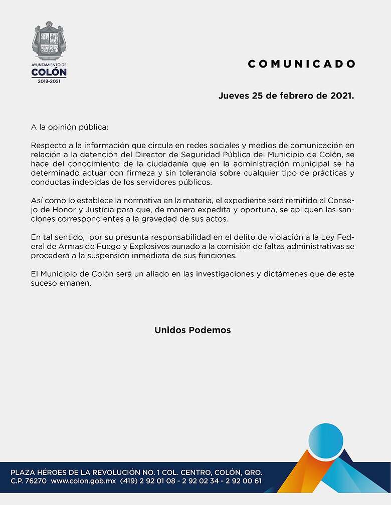 El director de Seguridad Pública Municipal de Colón fue detenido y suspendido de sus funciones. Foto: Especial