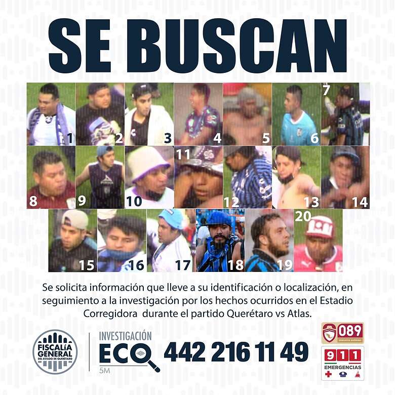La Fiscalía General del Estado pidió la colaboración de la ciudadanía para identificar a 20 personas más, quienes aparecen en nuevos videos sobre los hechos ocurridos el 5 de marzo, en el partido Querétaro vs Atlas