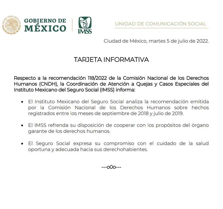 el IMSS sentenció que está comprometido con el cuidado de la salud oportuna y adecuada hacia los derechos humanos