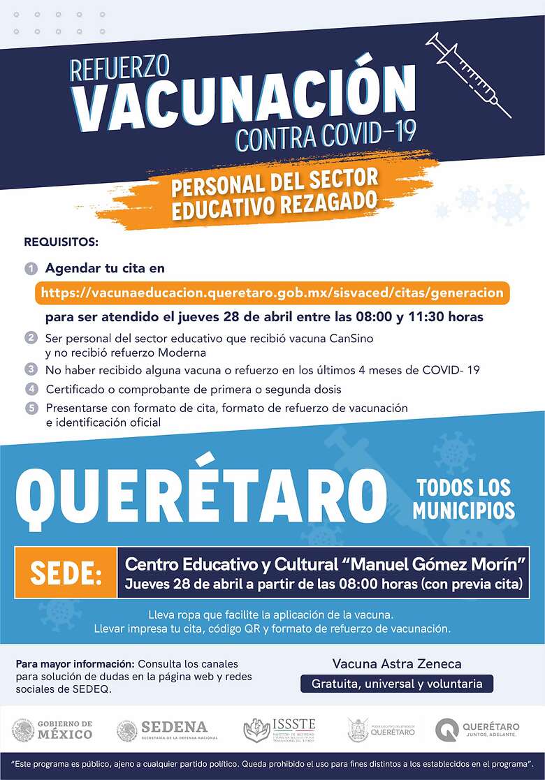 Esta nueva jornada de vacunación está dirigida al sector educativo que cuenta con alguna dosis de la vacuna CanSino y que no haya recibido refuerzo de Moderna