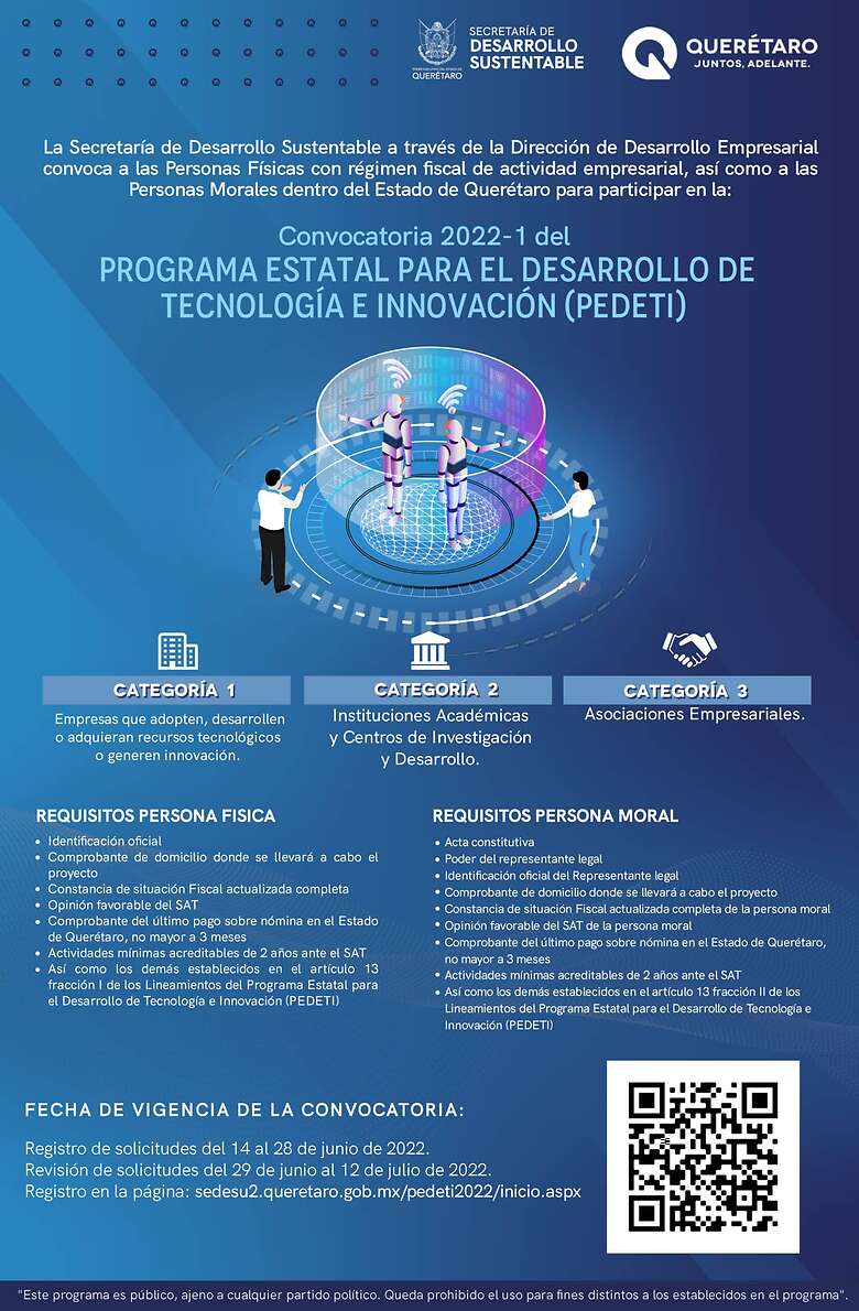 La Sedesu invitó a empresas o personas físicas con actividad empresarial, a participar en la primera convocatoria 2022 del Programa Estatal para el Desarrollo de Tecnología e Innovación (PEDETI)