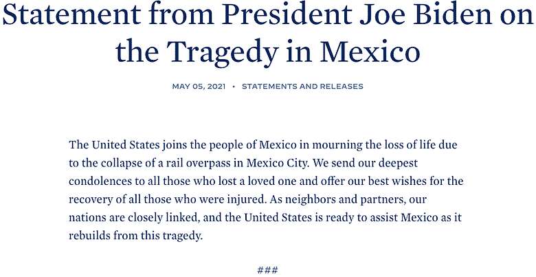 La Casa Blanca publicó una declaración del presidente de Estados Unidos, Joe Biden, sobre la tragedia de la Línea 12 del Metro de la Ciudad de México. Foto: Especial