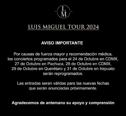 Luis Miguel informó la reprogramación de varios de sus conciertos en México. Foto: Especial
