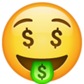 Emoji 1f911. cara con lengua fuera y dolar en los ojos