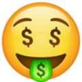 Emoji 1f911. cara con lengua fuera y dolar en los ojos