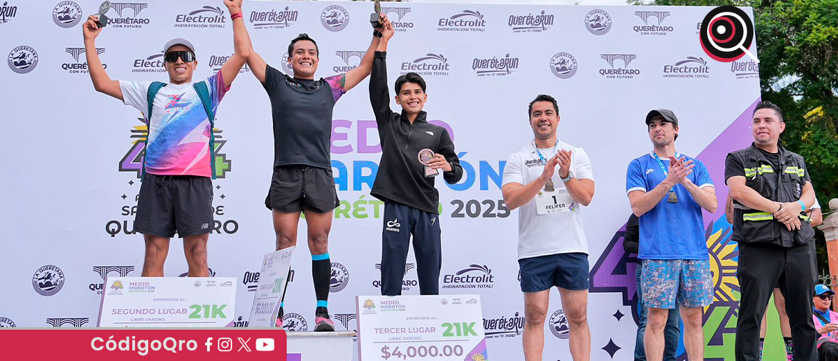 El Medio Maratón Querétaro 2025, en el marco del 494 aniversario de la ciudad, reunió a más de 4 mil 100 participantes en las distancias de 8, 14 y 21 kilómetros / Foto: Cortesía