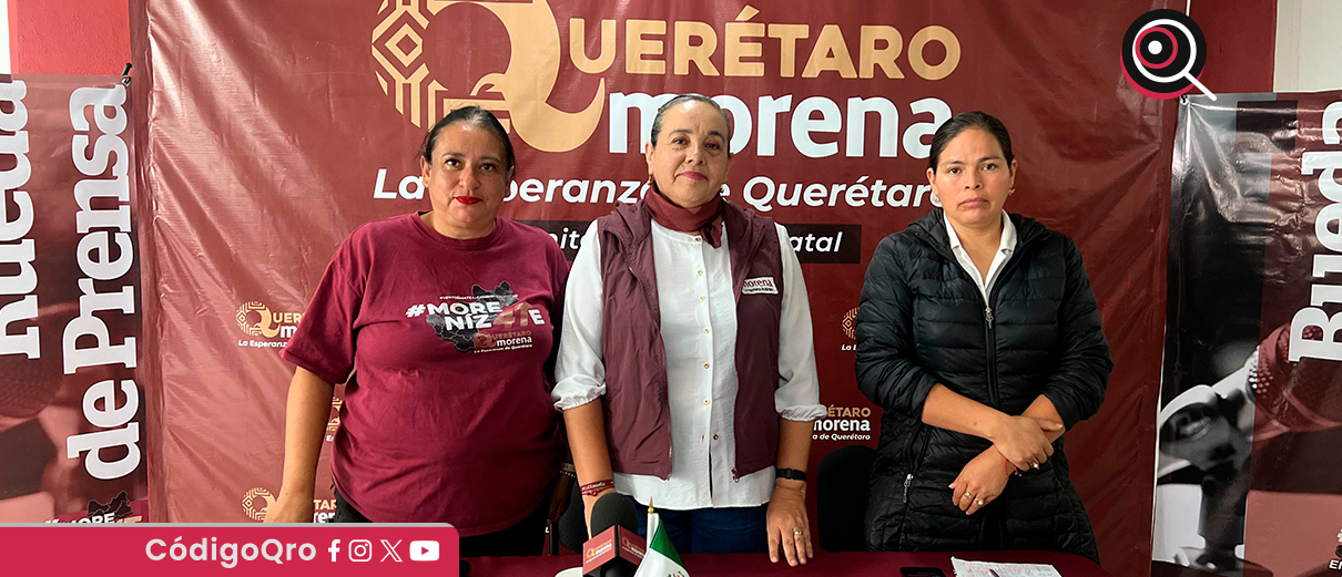 La dirigente estatal de Morena en Querétaro, Gisela Sánchez, ofreció una conferencia de prensa. Foto: Olivia Arredondo