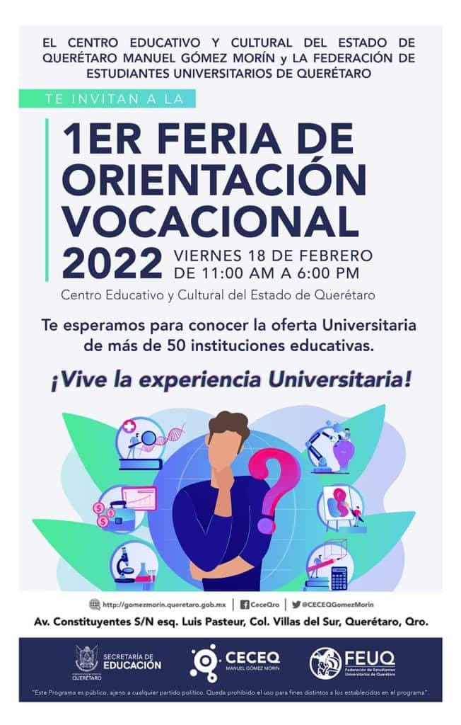 El CECEQ “Manuel Gómez Morín” y la FEUQ realizarán la primera Feria de Orientación Vocacional para las y los jóvenes interesados en encontrar una opción académica de acuerdo a sus habilidades e intereses