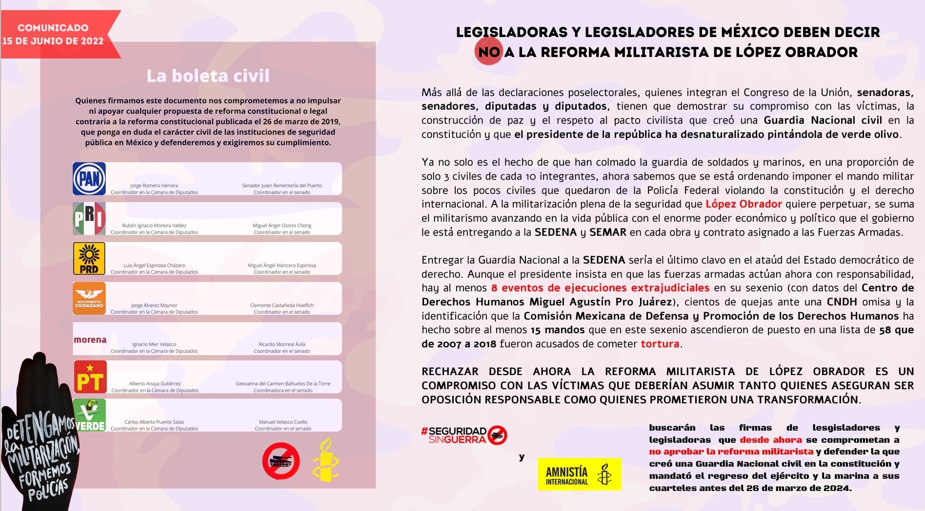 las organizaciones Amnistía Internacional (AI) y Seguridad Sin Guerra solicitaron al Congreso mexicano frenar la reforma "militarista" que impulsa el presidente Andrés Manuel López Obrador