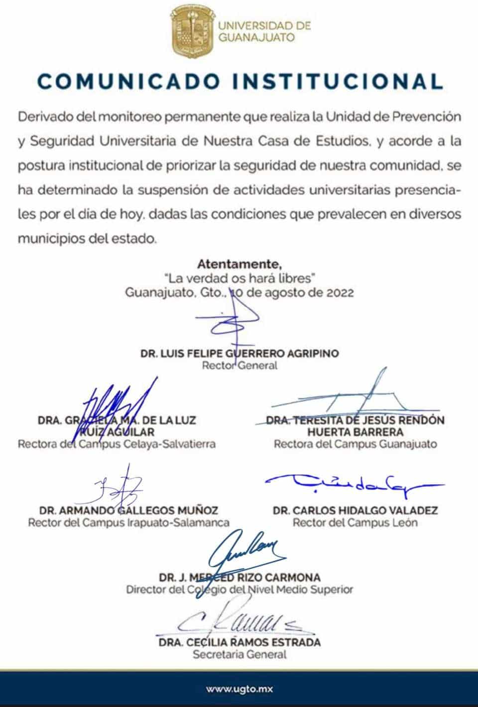 El rector general de la Universidad de Guanajuato, Luis Felipe Guerrero Agripino, anunció la suspensión de clases