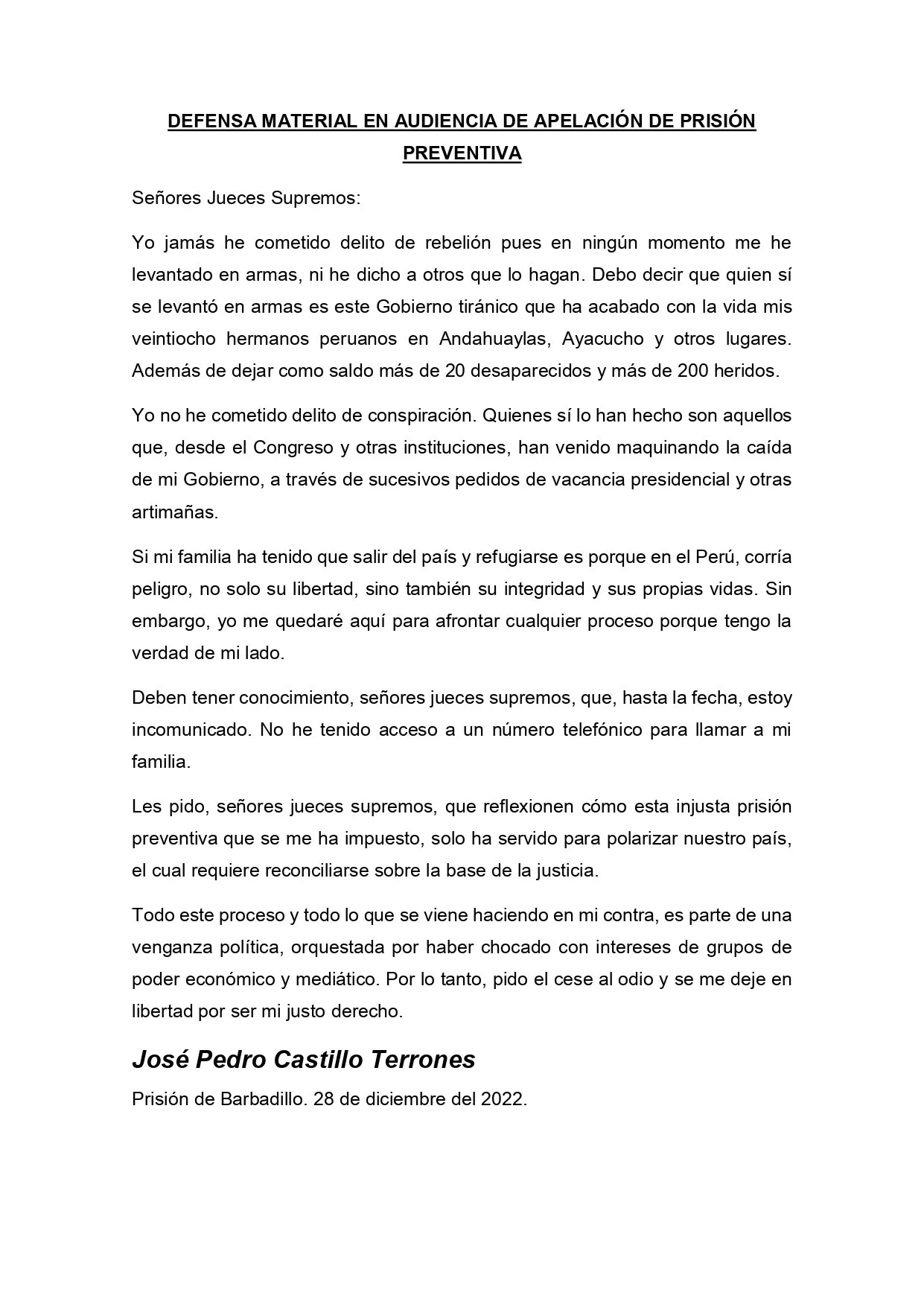 Pedro Castillo escribió su carta desde la prisión de Barbadillo