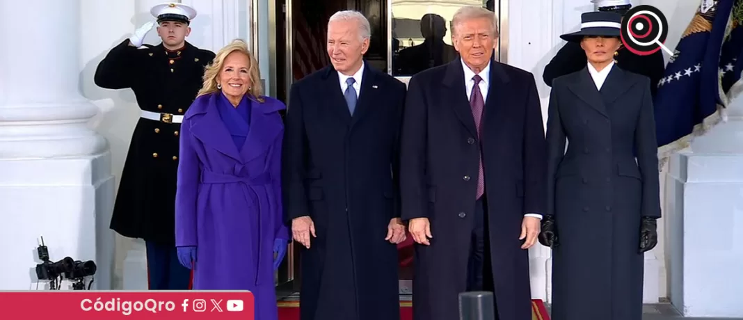 Trump llegó acompañado de su esposa, Melania, y fue recibido en el pórtico norte de la Casa Blanca por Biden y la primera dama, Jill Biden