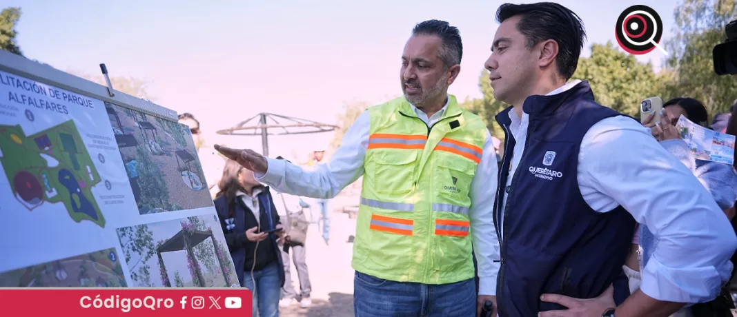 El alcalde de Querétaro, Felifer Macías, supervisó la rehabilitación del Parque Alfalfares, en la delegación Félix Osores Sotomayor; actualmente, la obra presenta un avance del 8%. Foto: Especial